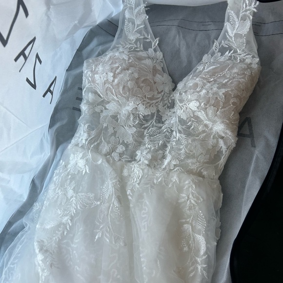 Azazie Dysis Diamond White A-Line Halter Sequins Tulle Wedding Dress - Picture 14 of 15